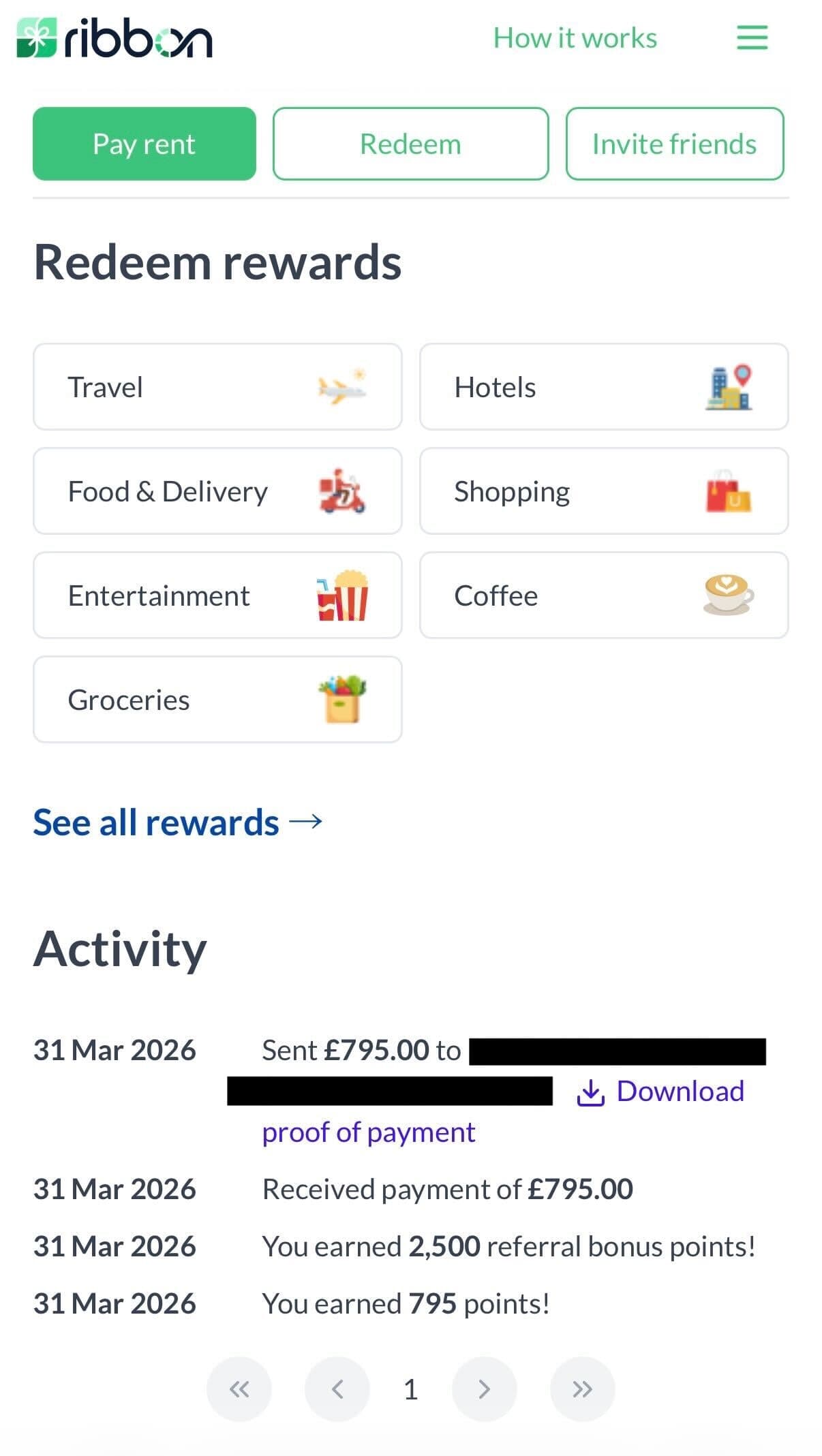 Ribbon activity feed showing successful rent transfer, proof of payment, and bonus points credited
