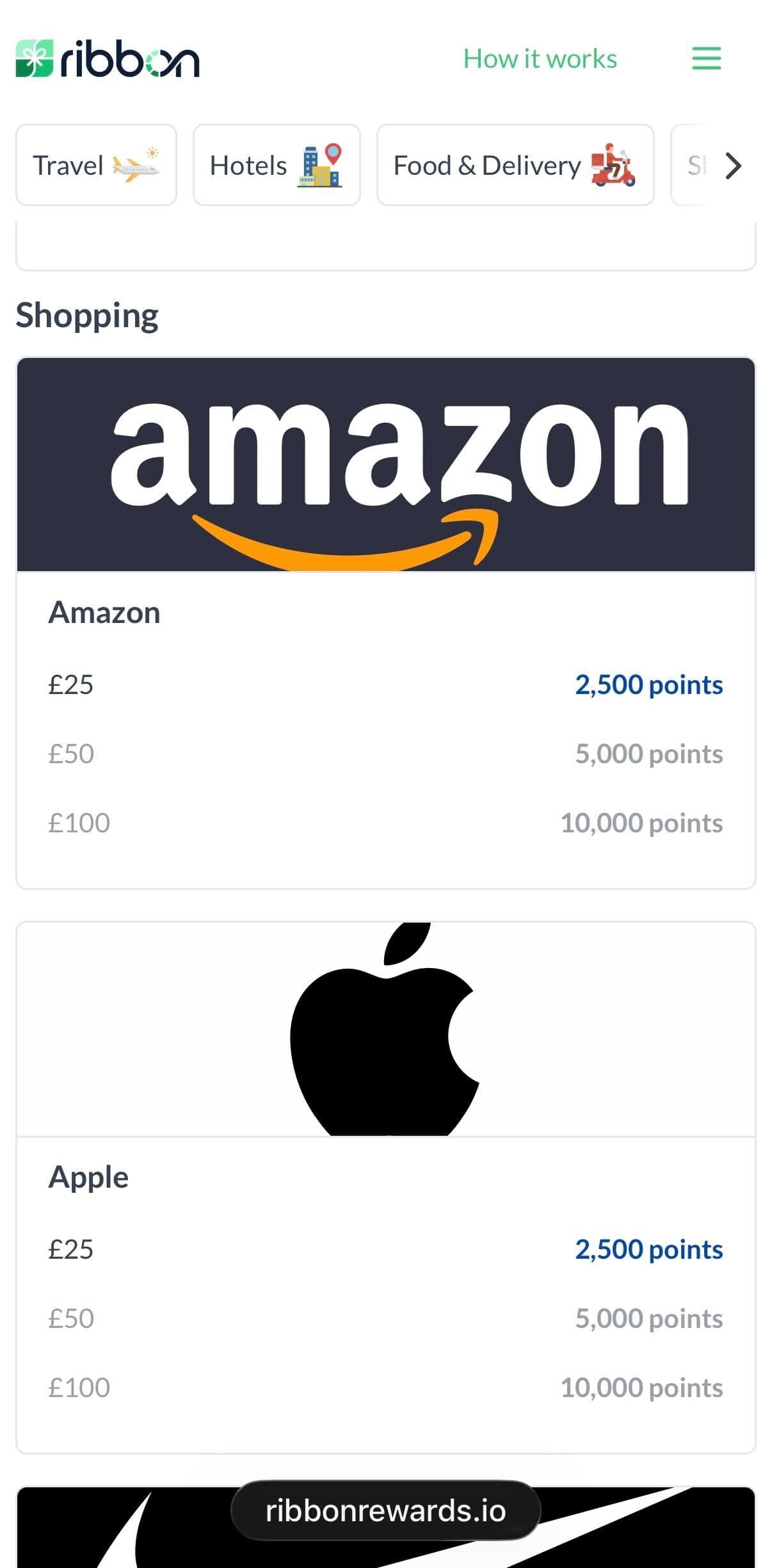Ribbon shopping rewards screen showing Amazon and Apple voucher redemption point tiers