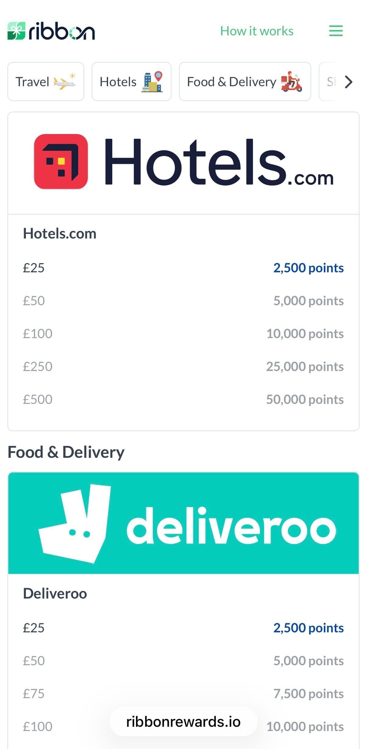 Ribbon travel and delivery rewards screen showing Hotels.com and Deliveroo voucher redemption tiers