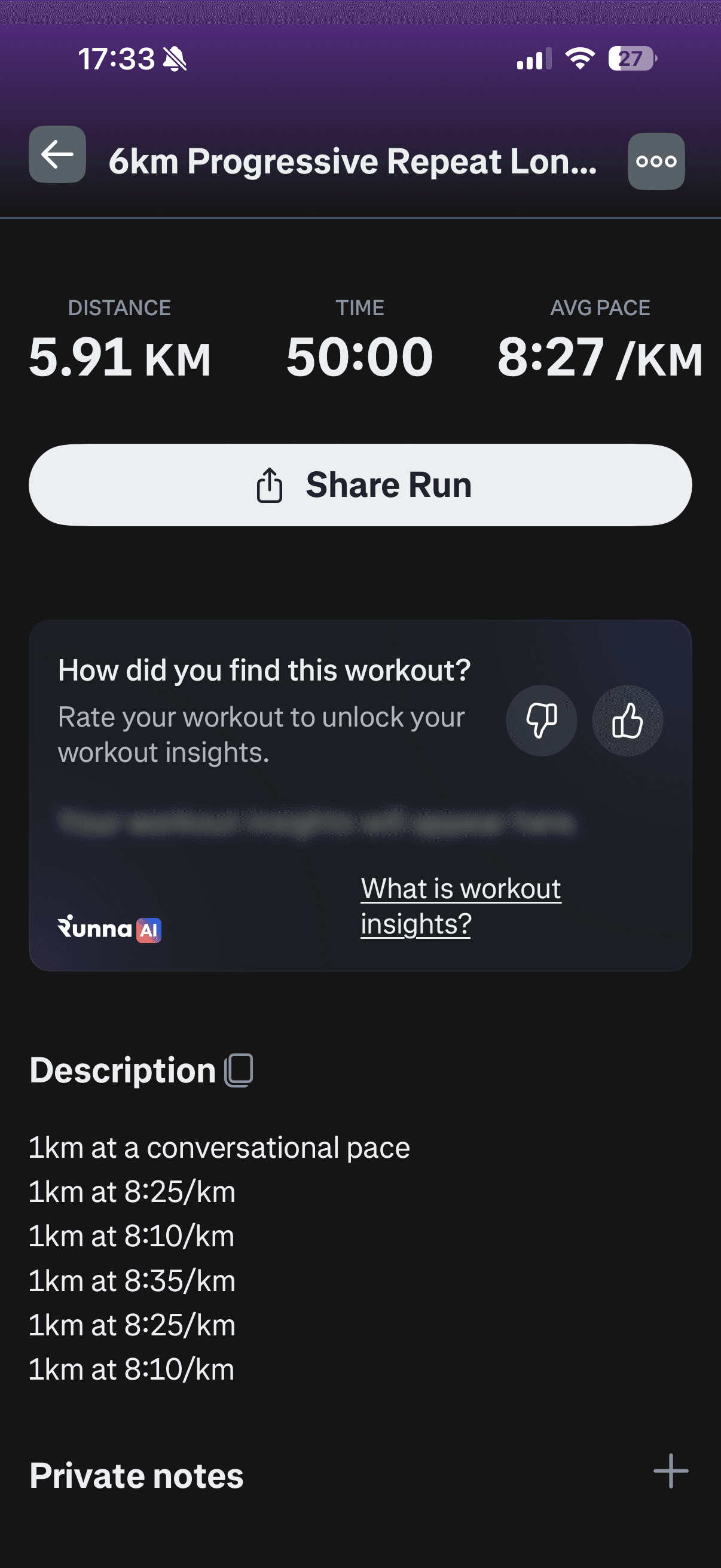 A recent Runna run: 6 km Progressive Repeat, 5.91 km in 50:00 at 8:27/km — showing pace improvement.